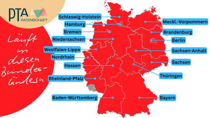 Deutschlandkarte mit  rot eingefärbten Bundesländern, die beim Projekt PTA-Patenschaft mitmachen