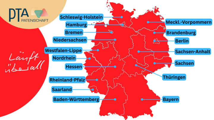 Deutschlandkarte mit  rot eingefärbten Bundesländern, die beim Projekt PTA-Patenschaft mitmachen