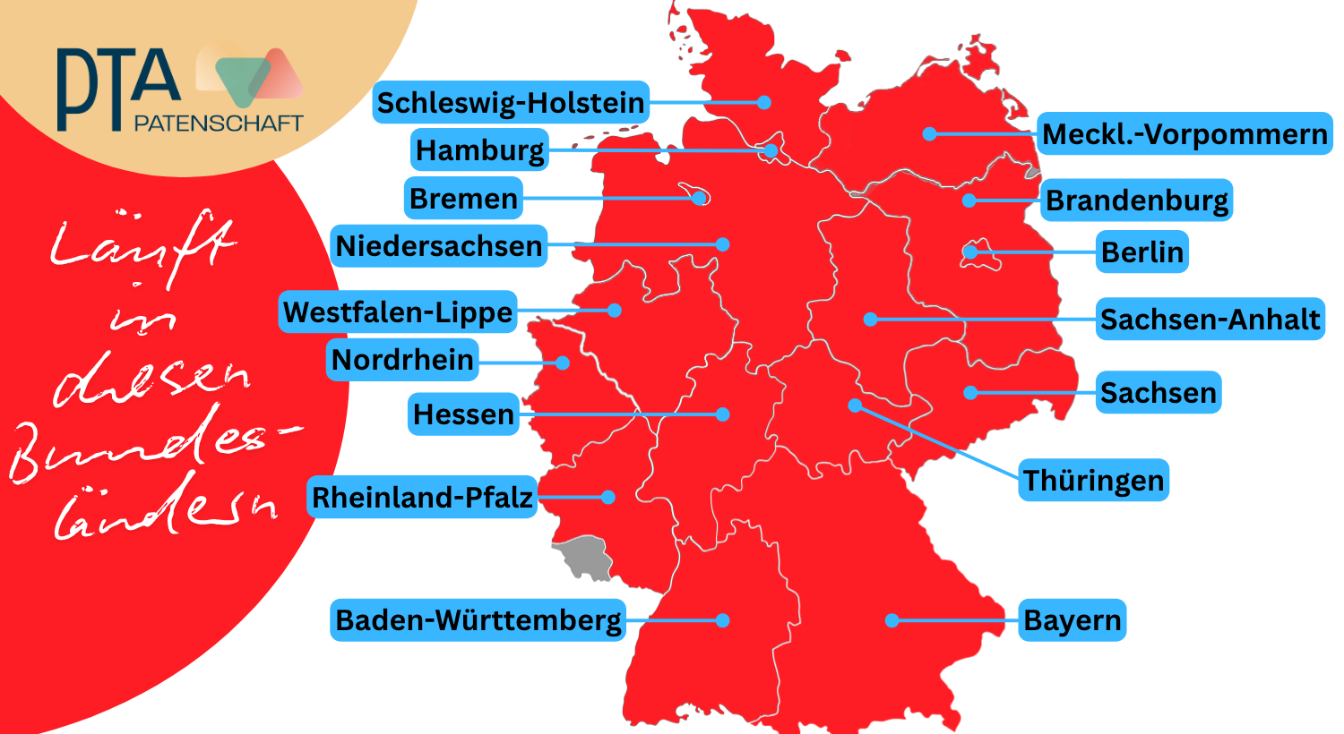 Deutschlandkarte mit  rot eingefärbten Bundesländern, die beim Projekt PTA-Patenschaft mitmachen